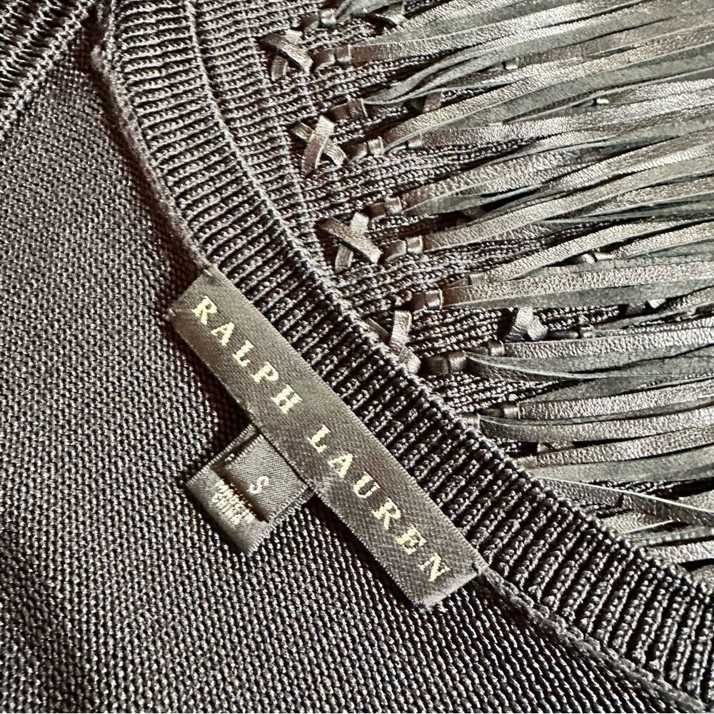 Ralph Lauren Black Lamb Leather-Fringe Silk Knit Sheath Dress